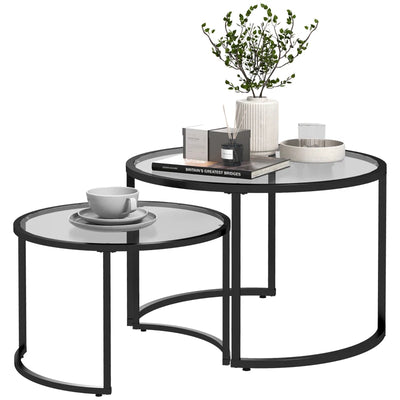 Glass Coffee Table Set of 2, Round Nest of Tables w/ Tempered Glass Tabletop, Steel Frame, Modern Side Tables for Living Room, Black | HOMCOM-0