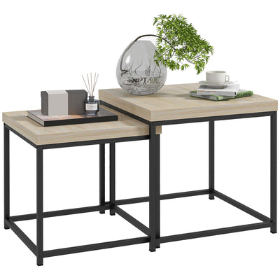 Coffee Table Set of 2, Nest of Tables with 3.5cm Thick Tabletop, Oak-0