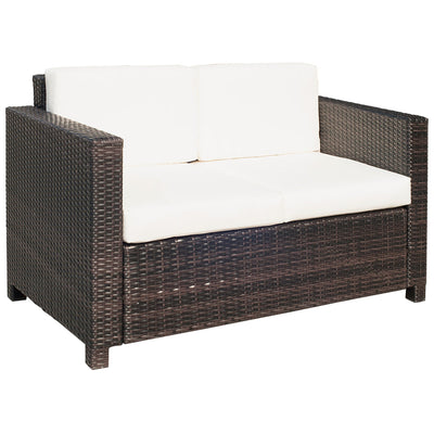 Rattan Sofa, 2 Seater Garden Furniture with Soft Padded Cushion and Armrests, Wicker Garden Loveseat for Patio, Mixed Brown-0